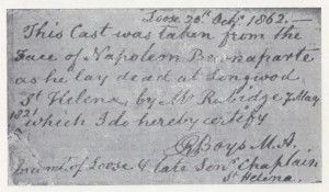Nota manuscrita por el reverendo Boys que acompaña a la máscara denominada "Sankey".